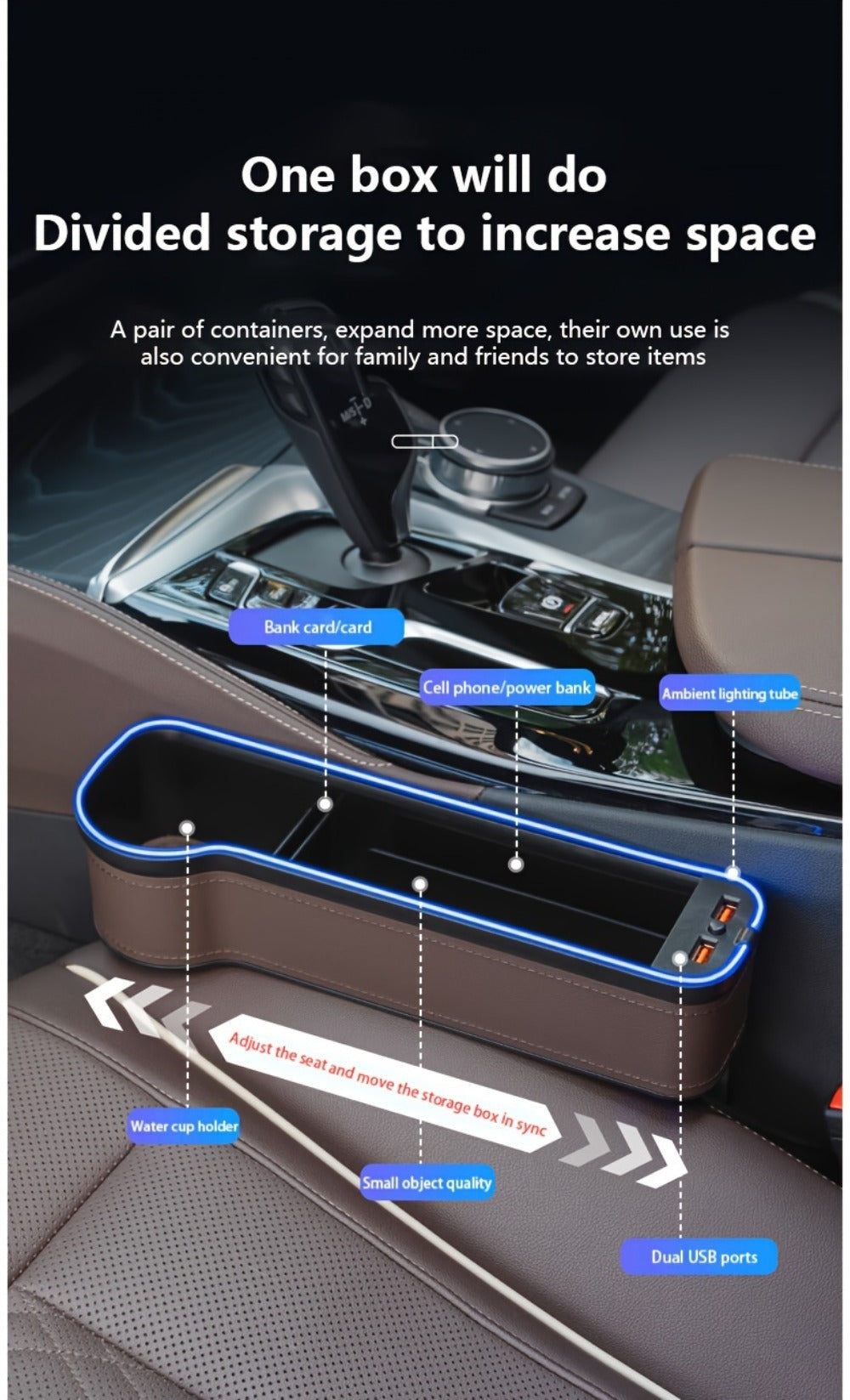 Car Seat Gap Storage Box with Phone Holder & Charger – Sundries Organizer with Ambient Atmosphere Light, Driver & Co-Pilot, 1pc or 2pc Set