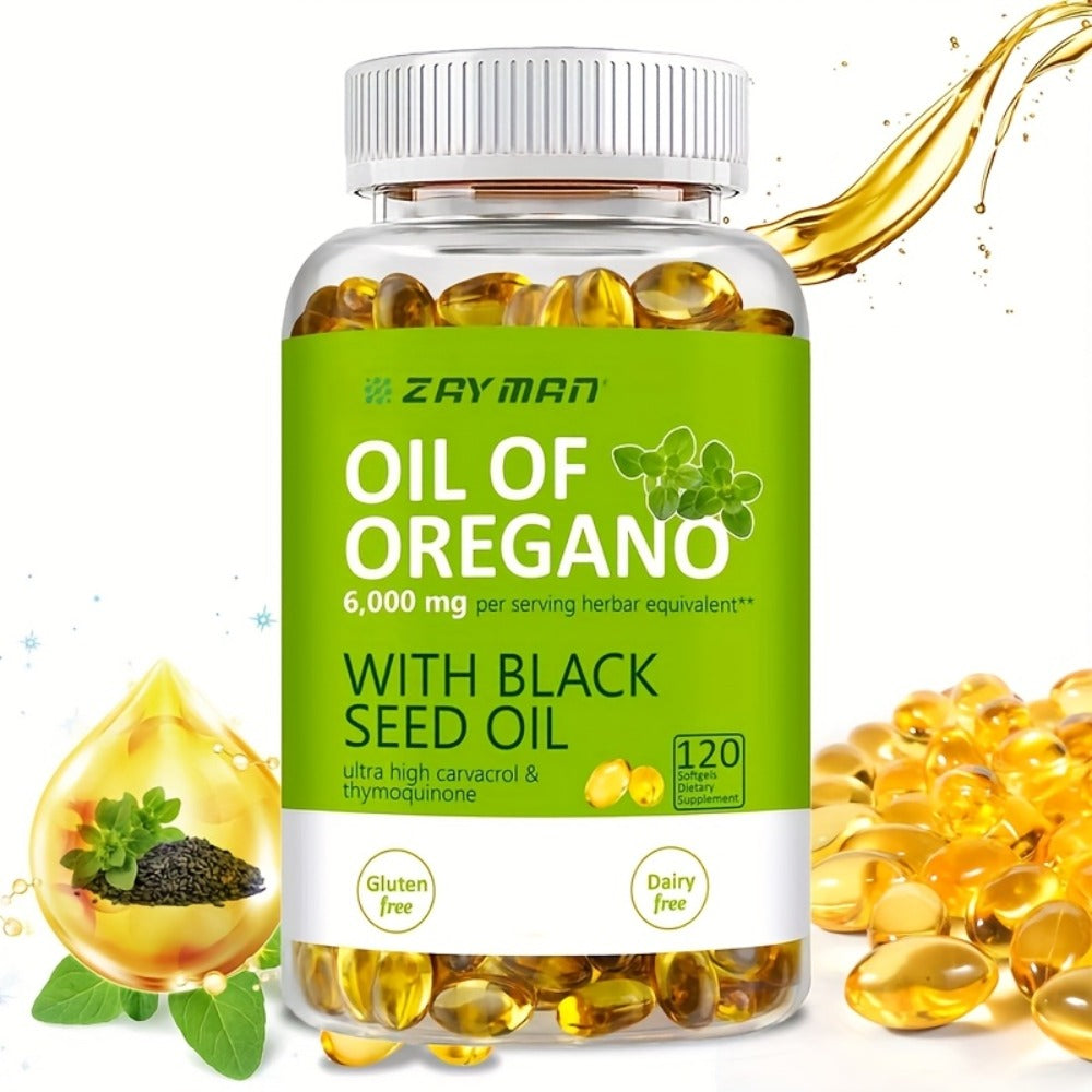 Herbal Supplements with ZEYMAN Label, Oregano Oil 6000mg and Black Seed Oil 200mg Softgels, 120 Count