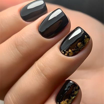 Press On Nails 96-Piece Short Square Black Ice-Crack Pattern Glossy Full-Cover Set with Nail Glue