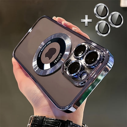 Electroplated Transparent iPhone Case with Hollow Logo Display Built-In Lens Film Magnetic Wireless Charging Shockproof TPU Cover for iPhone 17 16 15 14 13 12 11 Air Pro Max Plus – Luxury Metallic Finish
