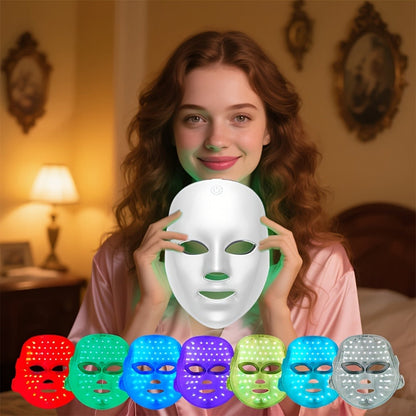 LED Light Therapy Face Mask 7-Function Photon Skin Rejuvenation Device - Red Blue Green Light for Bath Time, Home Spa and Personal Care