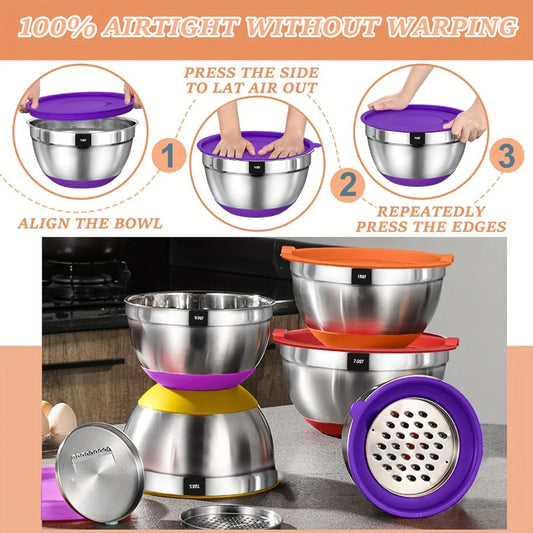Mixing Bowls Set with Airtight Lids – 26pcs Stainless Steel Bowl Set with 3 Grater Attachments, Non-Slip Bottoms, Sizes 1–7QT – Kitchen Bowls for Mixing, Serving, Baking & Meal Prep