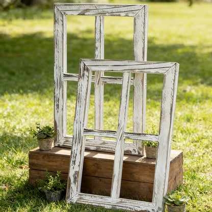 Distressed Wood Window Frame Wall Decor, Two-Piece Set in Rectangular or Arched Styles without Glass