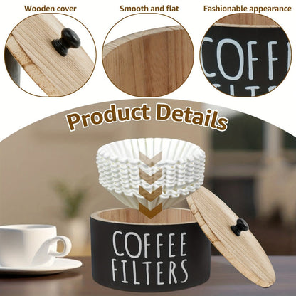 Wooden Coffee Filter Holder with Lid – Large Capacity Rustic Round Organizer Dispenser for Coffee Filters & Tea Bags, Bamboo Lid, Kitchen Countertop Coffee Bar Decor