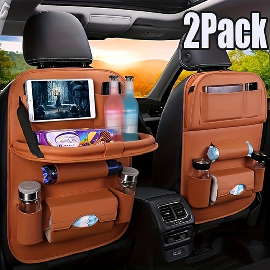 All-in-One Back Seat Organizer with Foldable Table Tray, Kick Mats, Cup Holder, Tissue Box, Umbrella Holder & Laptop Tray - 2-Piece Set, Car Seat Protector & Travel Organizer, 4 Colors
