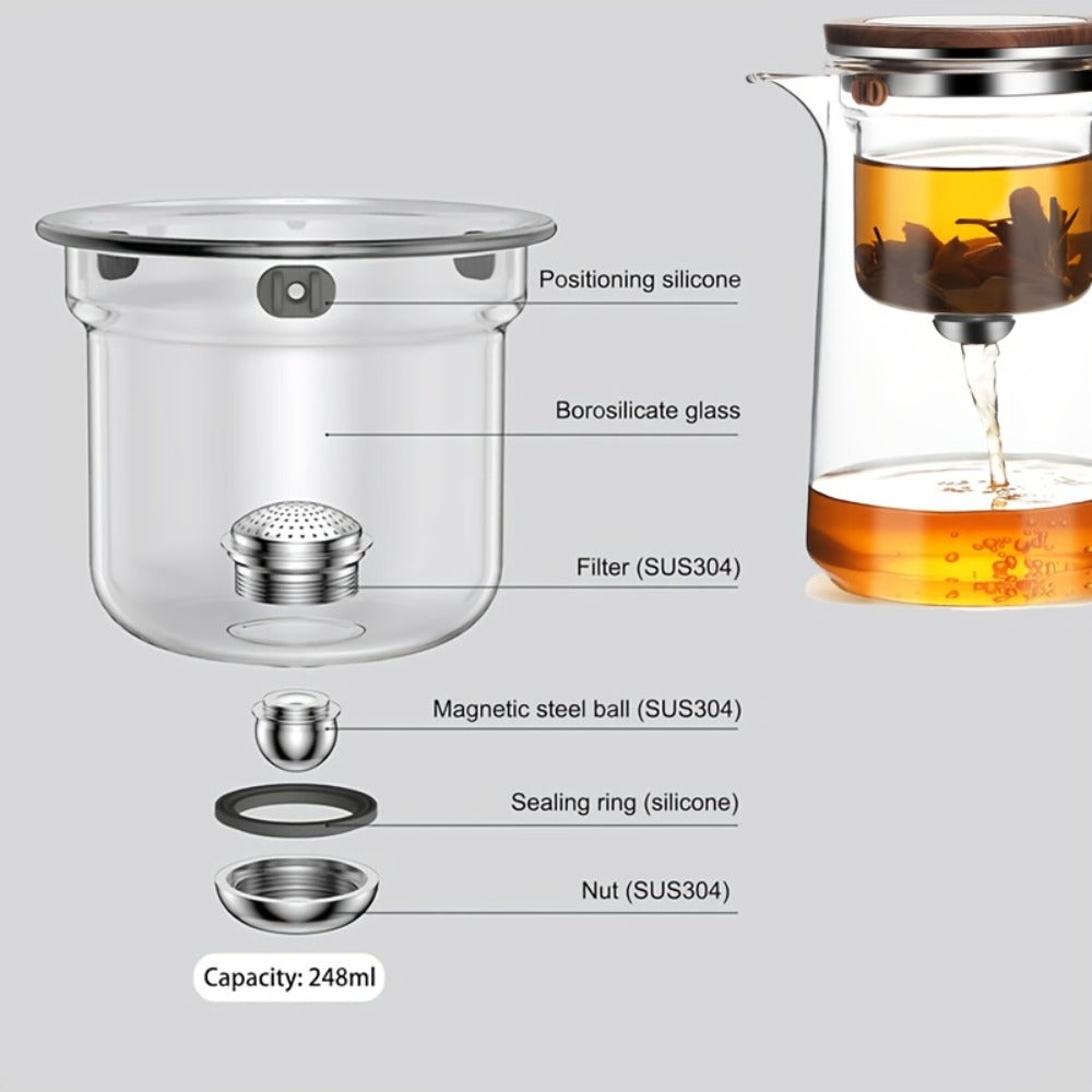 Twenty-Seven-Ounce Glass Teapot with Infuser, Wooden Handle and One-Button Tea Separation Design