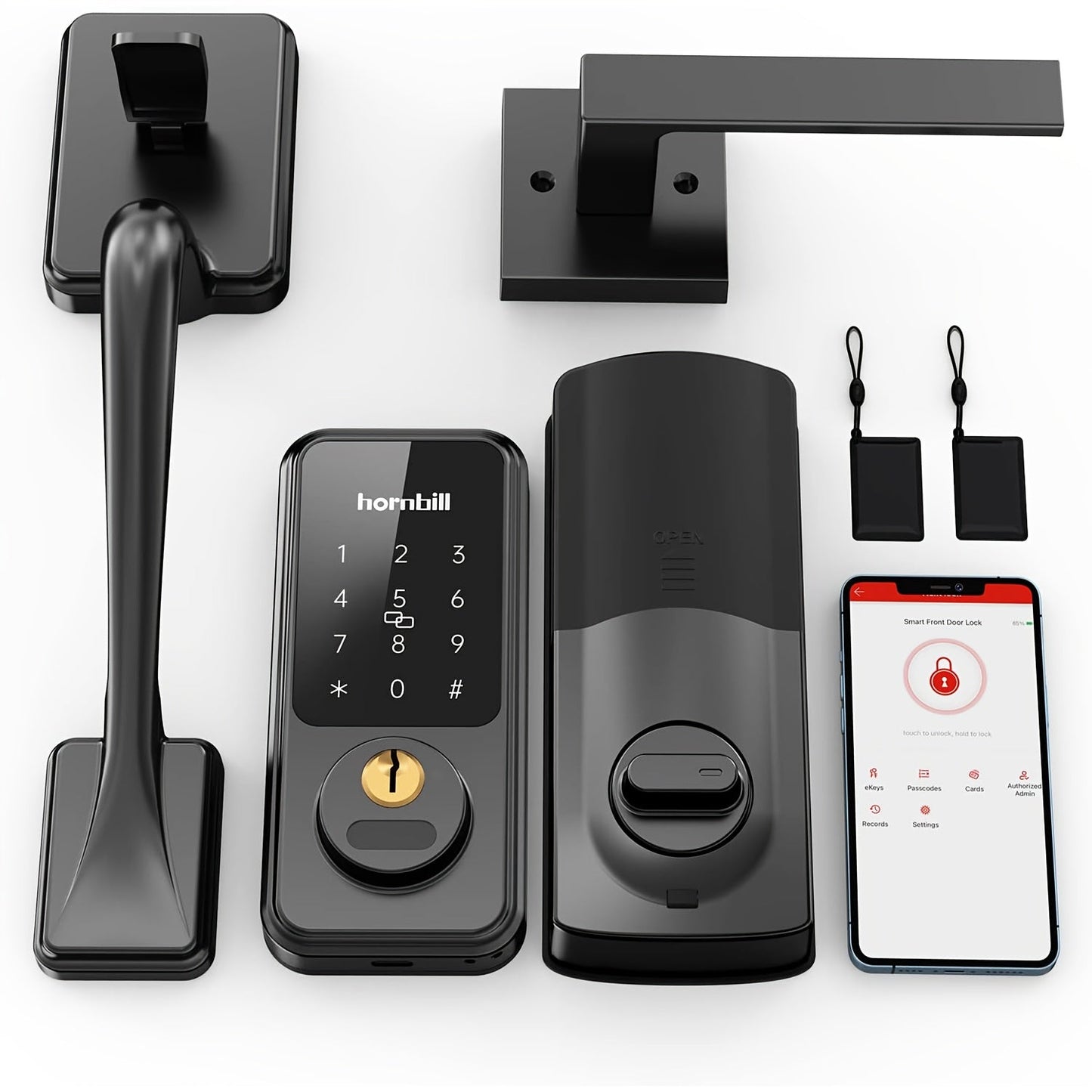 Hornbill Smart Door Lock Set with Handle - Alexa Compatible Keypad Deadbolt, Bluetooth App, Keyfob & Auto-Lock, Complete Keyless Entry Front Door Upgrade, Matte Black & Silver