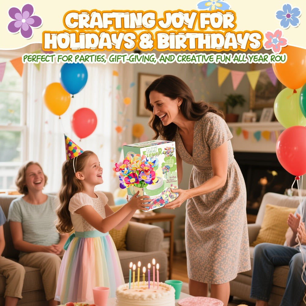 Flower Bouquet Maker Craft Kit with Hand-Operated Tool, Fabric Petals, Stems, Centers and Display Bases