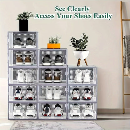 Transparent Stackable Shoe Boxes with Lid – Foldable Clear Sneaker Storage Organizer (6/24pcs)