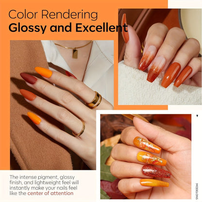 Dip Powder Nail Kit with NOCIS Label, Four Orange Brown Glitter Powders, Three 10ml Liquids and Four Tools