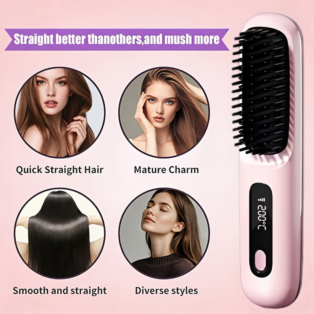 Cordless Straightening Brush Hair Styling Tool with Rechargeable Power and Black or White Finish