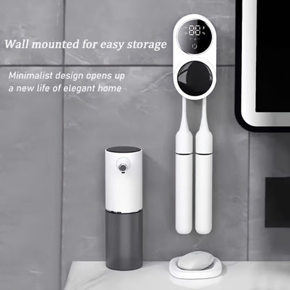 Enclosed Two-Slot Wall-Mounted Toothbrush Holder with Sensor Door, Display and USB Charging Cable