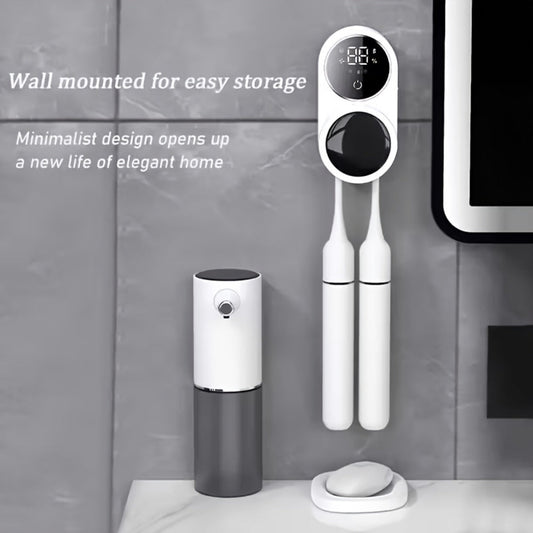 UV Toothbrush Holder Wall Mounted, Smart Double Toothbrush Sanitizer with Auto Dry & Sensor Door, USB Rechargeable, No-Drill Bathroom Storage with Battery Display – Hygienic Oral Care Organizer