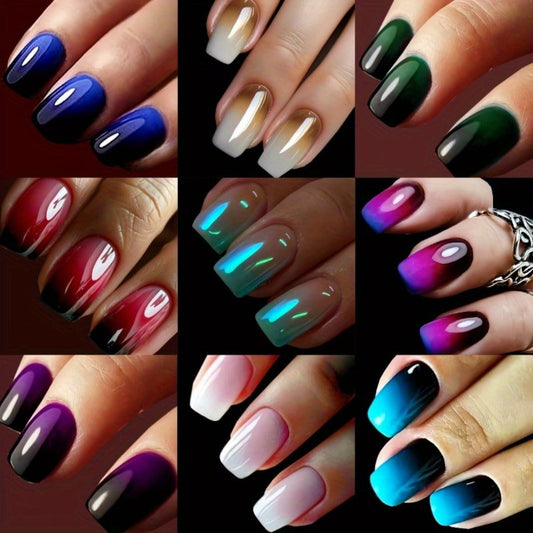 Gradient Press On Nails 216 Pieces Short Square Glossy Full Cover Colorful Ombre Fake Nails for Women Girls – 9 Packs Acrylic Glue On Nail Art Kit for Everyday Party Special Occasions