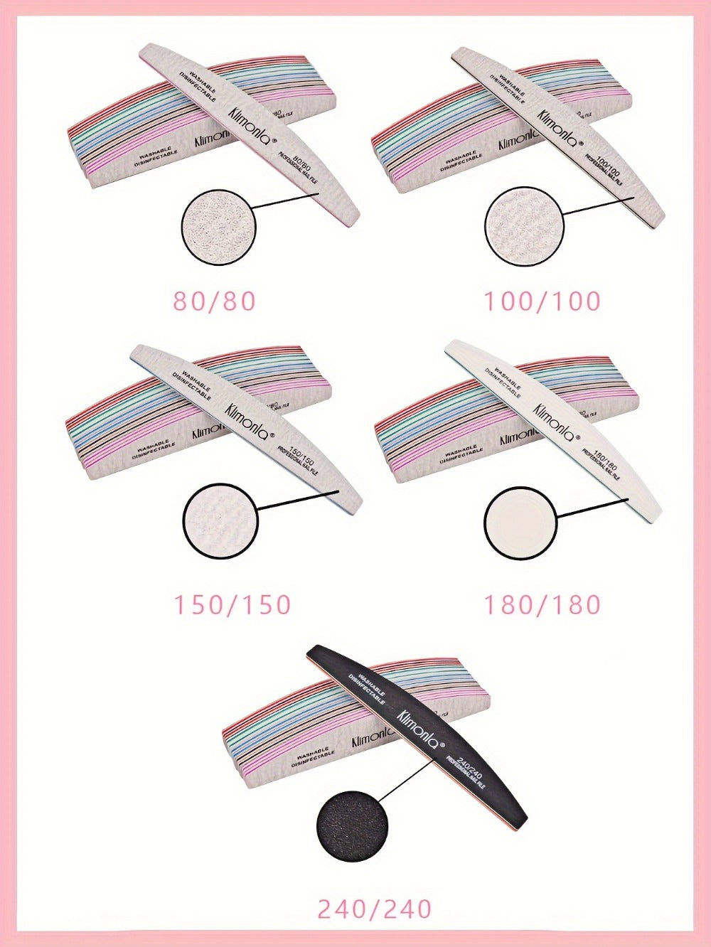10-Piece Mixed Half-Moon Nail File Set with 80/80, 100/100, 150/150, 180/180 and 240/240 Grit Labels