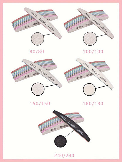 10-Piece Mixed Half-Moon Nail File Set with 80/80, 100/100, 150/150, 180/180 and 240/240 Grit Labels