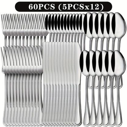 Stainless Steel Flatware Cutlery Set – Mirror Polished, Dishwasher Safe, Silver & Black Options, Service for 4 / 8 / 12 – Kitchen Utensil Set for Home, Restaurant & Wedding Gift