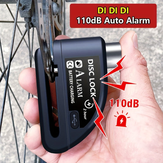 Motorcycle Disc Brake Lock with Alarm 110dB Anti-Theft Security Lock 500mAh Rechargeable USB Motorbike Wheel Lock with Reminder Rope and Lanyard