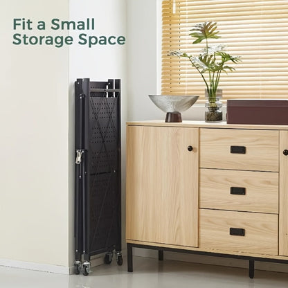 Three-Tier Foldable Storage Rack with Black Iron Shelves, Caster Wheels and 62cm-Wide Frame