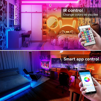 RGB LED Light Strip 50ft 100ft 130ft 16 Million Colors Music Sync – App & 24-Key Remote Control, Color Changing LED Strips for Bedroom, Game Room, Dorm & Party Decoration