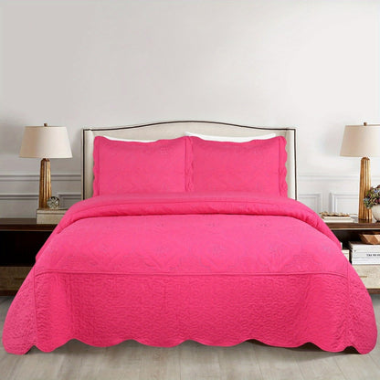 Quilt Set 3 Piece Floral Embroidery Bedspread - 100% Polyester Wrinkle Resistant Lightweight Quilted Coverlet with 2 Pillow Shams for Full Queen King Bed, Elegant Bedroom Decor in 19 Colors