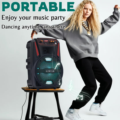 1000W Portable Party Speaker with 8-Inch Woofer & Wired Microphone, Deep Bass 2.1 Surround Sound, 8-Hour Battery, Bluetooth USB SD FM AUX, Wireless Speaker for DJ Karaoke Home Gatherings Outdoor Events