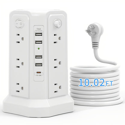 Power Strip Tower with 12–16 AC Outlets, 4 USB-A, PD 20W USB-C and 1500J Surge Protection for Home Office Charging