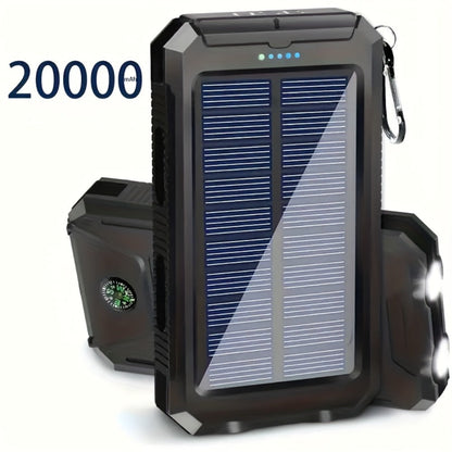 Solar Power Bank, 20000mAh Dual-USB Charger with Solar Panel, LED Flashlight, Compass and Five Color Options