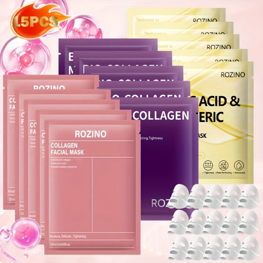 Collagen Sheet Mask 15 Pack with Hyaluronic Acid, Kojic Acid & Turmeric — Deep Hydrating Anti-Aging Brightening Face Mask for Dry, Dull & Sagging Skin | Moisturizing Facial Treatment for Women & Men