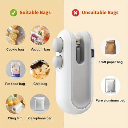 Mini Bag Sealer 2-Pack USB-C Rechargeable 2-in-1 Heat Seal with Cutter – Magnetic Storage Bag Resealer for Plastic Snack Food Bags | Airtight Freshness Keeper Portable Kitchen Gadget White