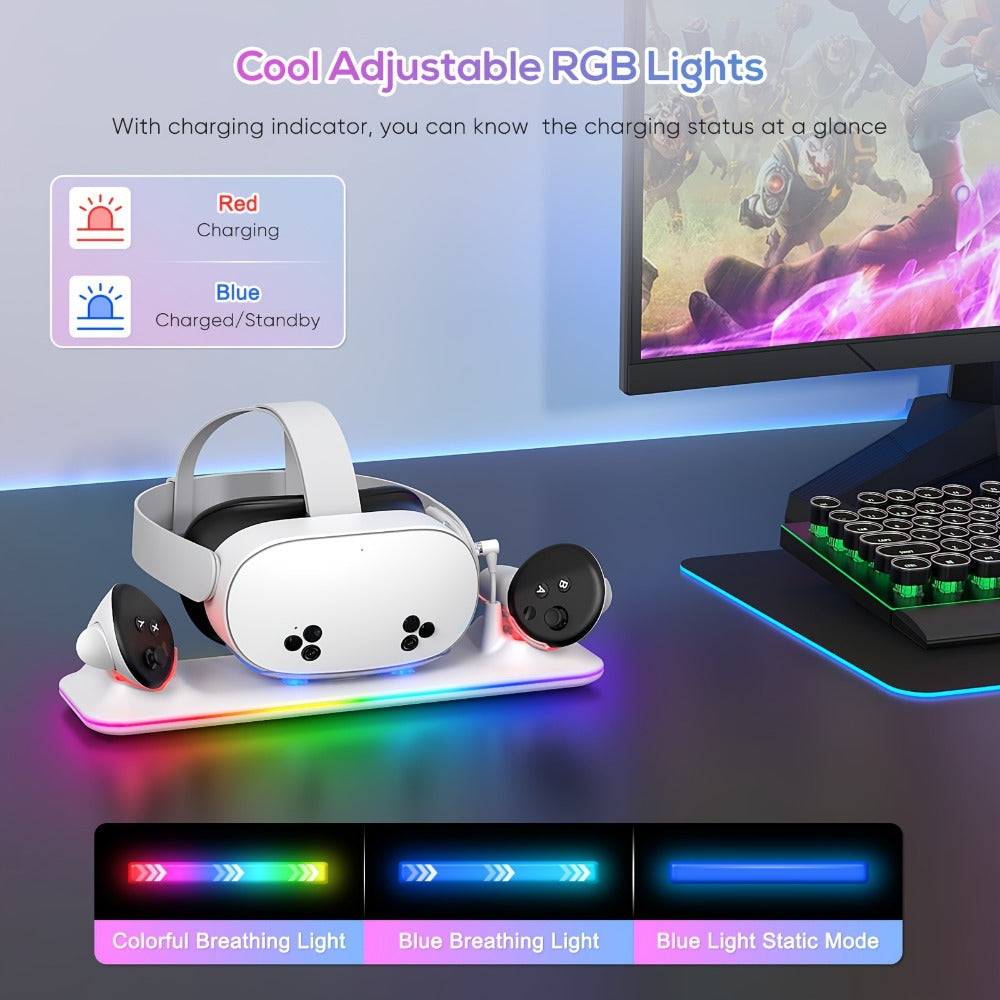 Meta Quest 3S / Quest 3 Charging Dock – PD 18W Fast Charging Station with RGB Light, Magnetic Charger Stand for Headset & Controllers, Includes 2 Rechargeable Batteries, Compatible with Oculus Quest 3S