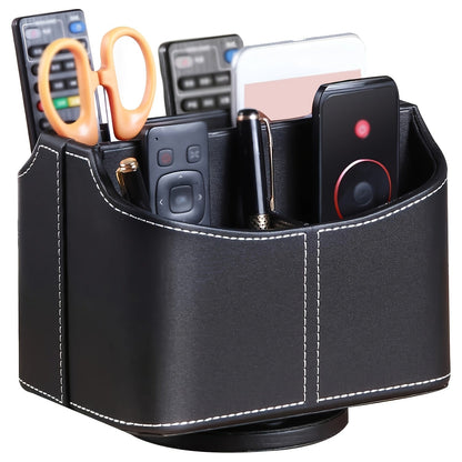 360° Swivel Remote Control Holder with 5 Compartments – PU Leather Desktop Organizer Caddy for TV Remotes, Phones, Glasses, Cosmetics & Stationery, Rotating Storage Box for Home Office Nightstand