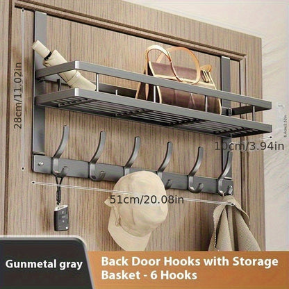 Over-the-Door Storage Rack with Hooks – Metal Multifunctional Organizer for Bedroom Bathroom Kitchen, 4/5/6/8 Hook Options in Gray & Black