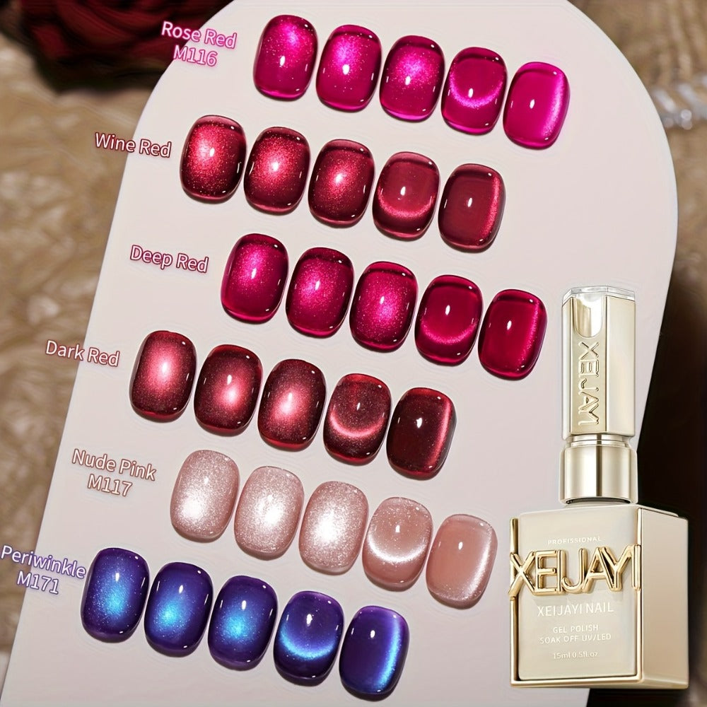 Gel Nail Polish 6-Color Berry Magnetic Cat-Eye Set in Frame Bottles with Plum-to-Magenta Shades