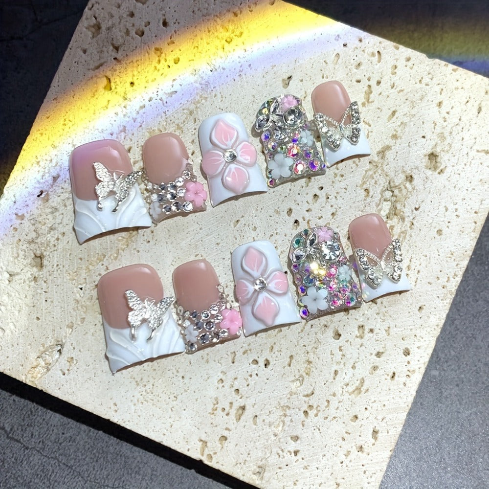 Press On Nails 10-Piece Short Duckbill Set with White French Tips, Golden Butterfly and 3D Carved Flower