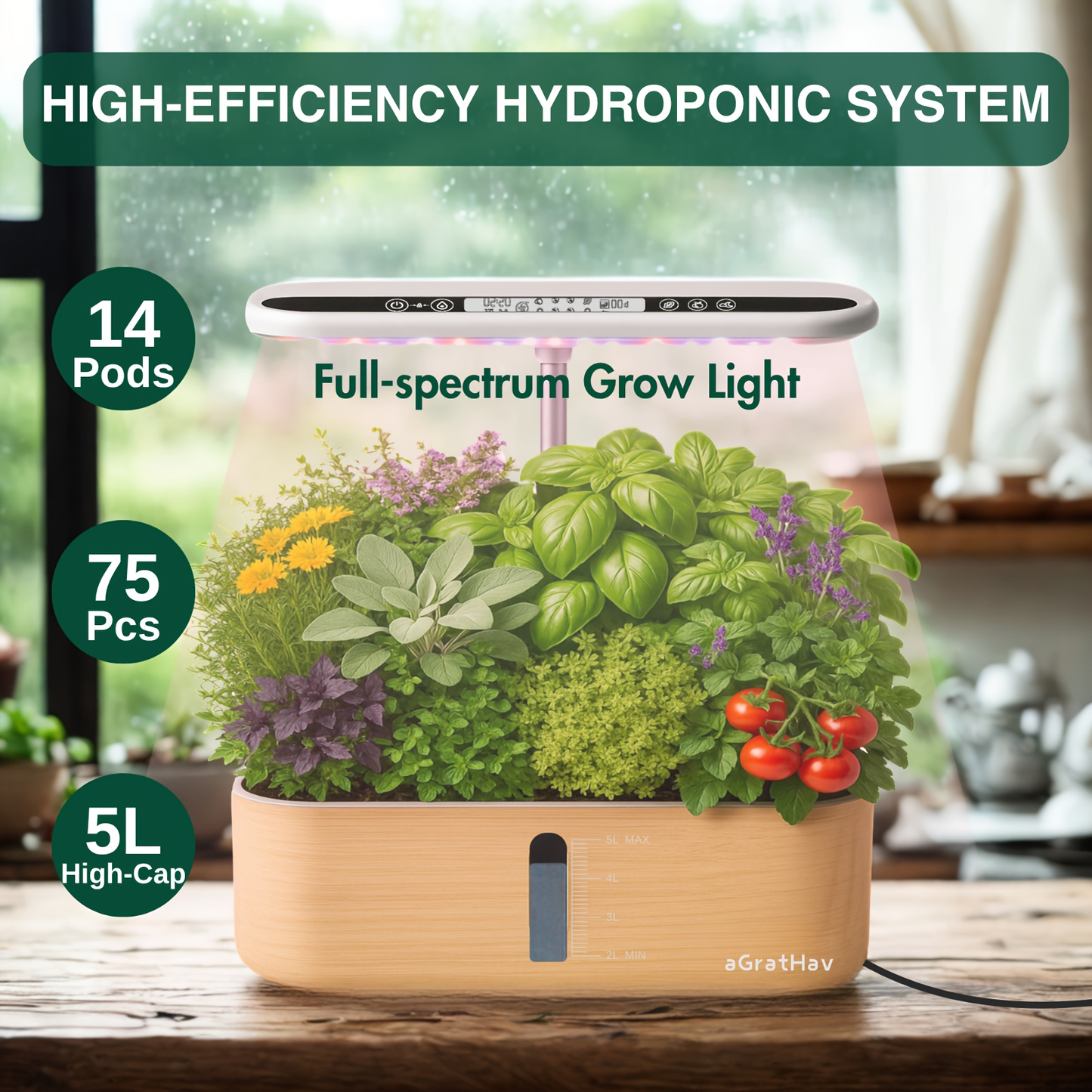 14-Pod Hydroponic Garden Kit with LED Grow Light, Timer, Pump and 1.32 Gallon Tank in Two Finishes