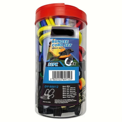 Bungee Cord Set 32 Pack Heavy Duty - Elastic Tie Down Cords in 10 18 24 40 Inch Lengths, 4 Sunshade Clips & 6 Ball Bungees, Mixed Color Outdoor Cargo Strapping Kit