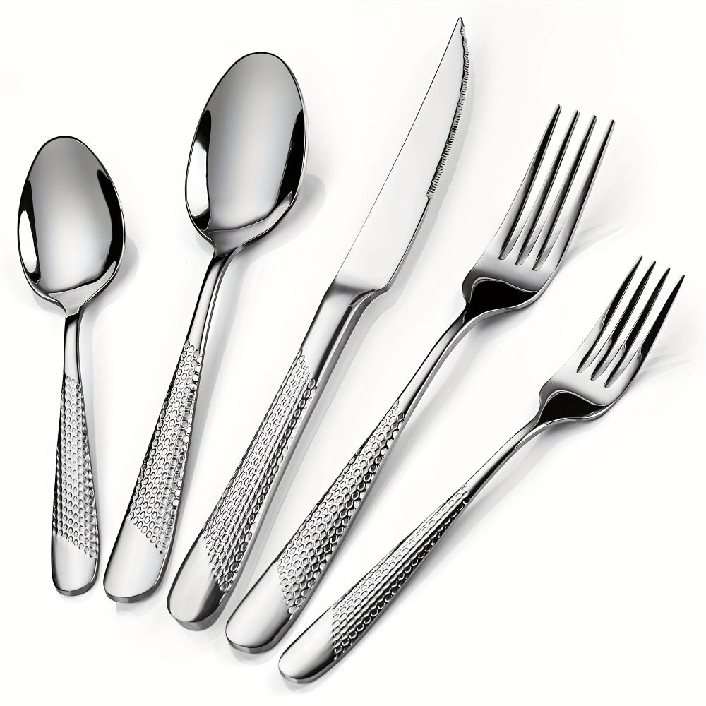Stainless Steel Flatware Set 40/48 Piece – 304 Silverware Set for 8 Hammered Mirror Polished Rose Gold Cutlery with 2-in-1 Serrated Knife Dishwasher Safe Modern Utensils for Home Restaurant Wedding