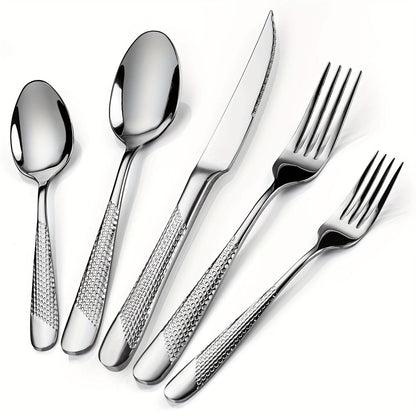 Stainless Steel Flatware Set 40/48 Piece – 304 Silverware Set for 8 Hammered Mirror Polished Rose Gold Cutlery with 2-in-1 Serrated Knife Dishwasher Safe Modern Utensils for Home Restaurant Wedding