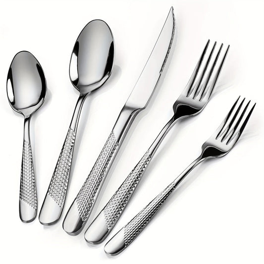 Stainless Steel Flatware Set 40/48 Piece – 304 Silverware Set for 8 Hammered Mirror Polished Rose Gold Cutlery with 2-in-1 Serrated Knife Dishwasher Safe Modern Utensils for Home Restaurant Wedding