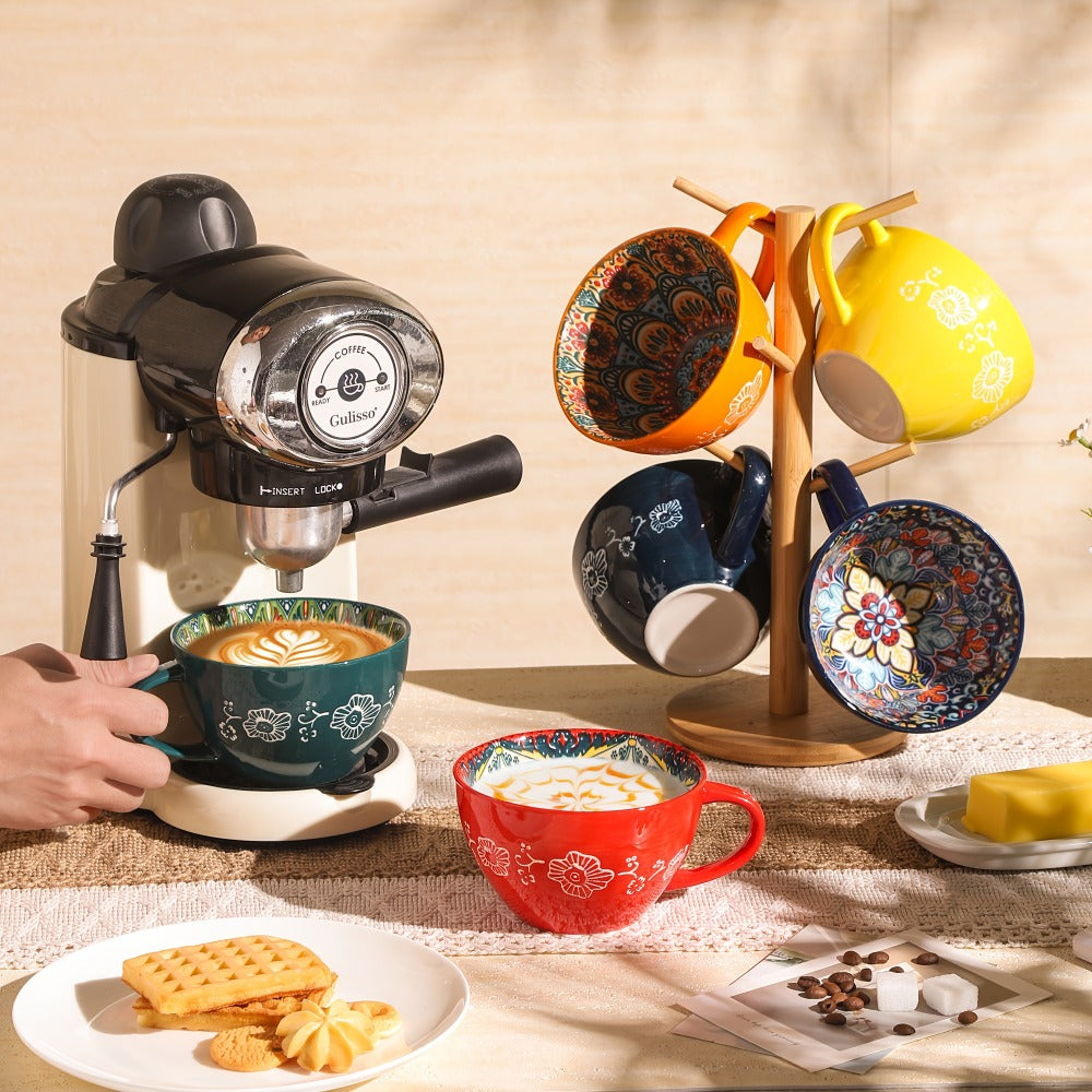 Bohemian Ceramic Coffee Mugs Set of 6 – 15 Oz Large Capacity Breakfast Mug – Microwave Safe for Hot & Cold Drinks – Unique Boho Drinkware Gift for Halloween, Thanksgiving & Christmas