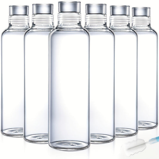 Borosilicate Glass Water Bottle Set of 6 with Lid Sleeve and Cleaning Brush – 18oz Reusable Juice Bottles | Non-Slip Sports Drinking Vessels for Home Office Gym Travel