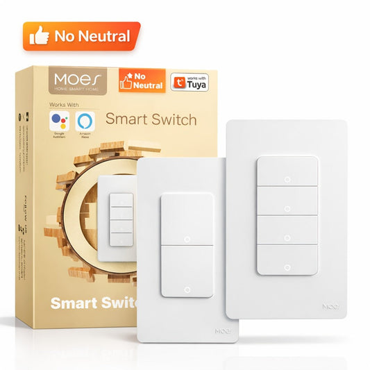 No Neutral Wire WiFi Smart Light Switch MOES 1/2/3/4 Gang Single Pole, Works with Alexa & Google Assistant, No Hub Required, 2.4GHz App Control, 110V – 2 Pack Smart Home Lighting Switch
