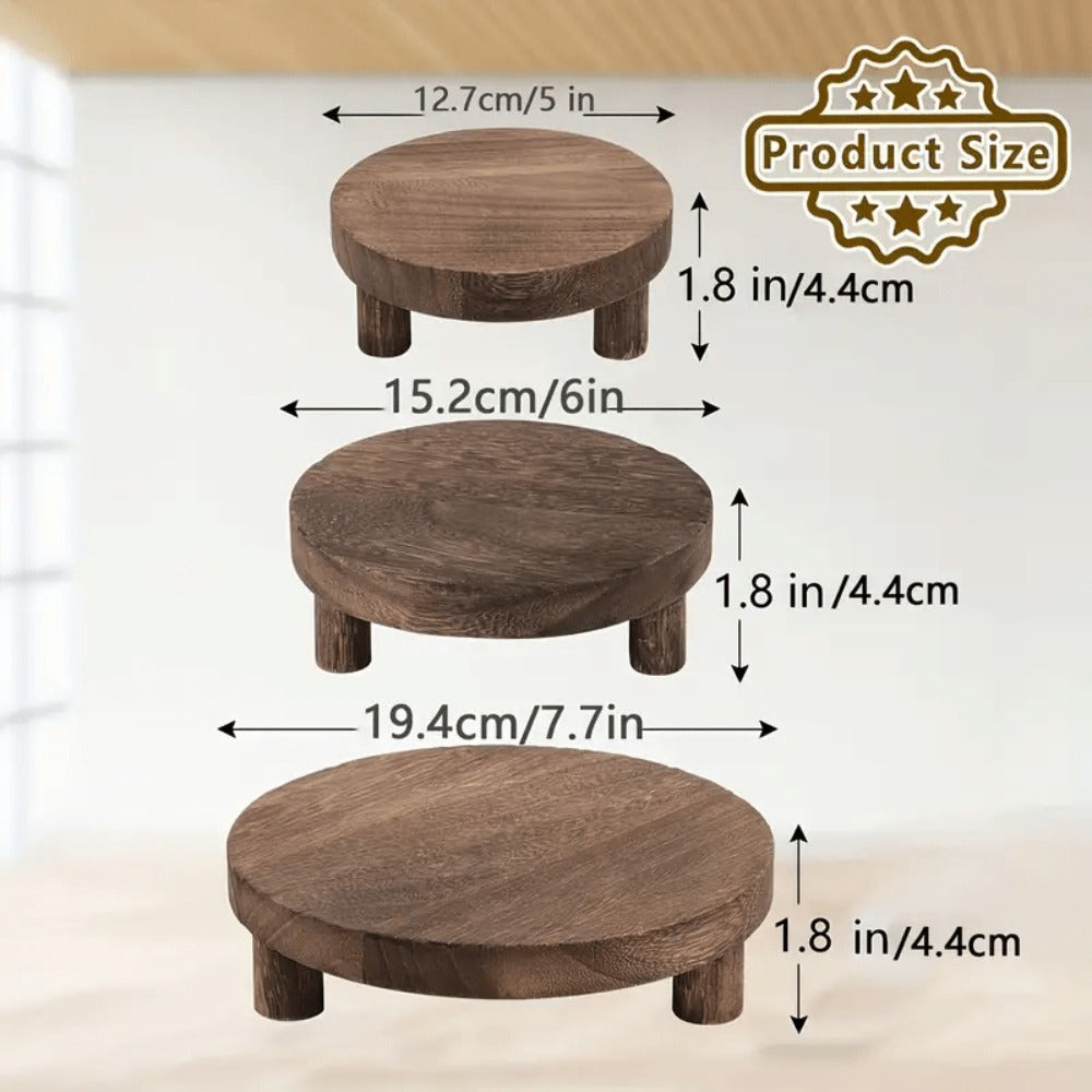 Round Wooden Display Risers, 3-Piece Rustic Pedestal Stand Set in 5, 6 and 7.7-Inch Sizes for Plants and Home Decor