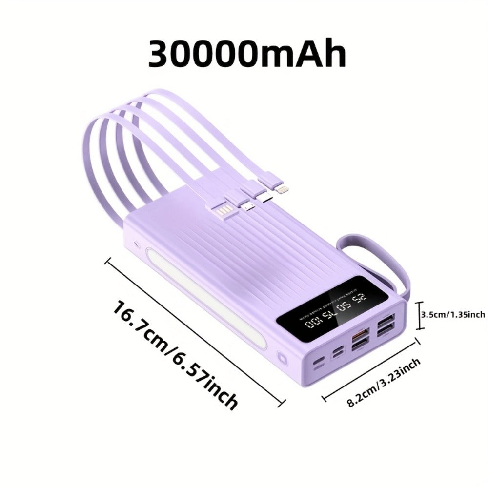 Power Bank 10000-30000mAh with 15W Charging, Four-in-One Cable and Four-Mode Camping Light
