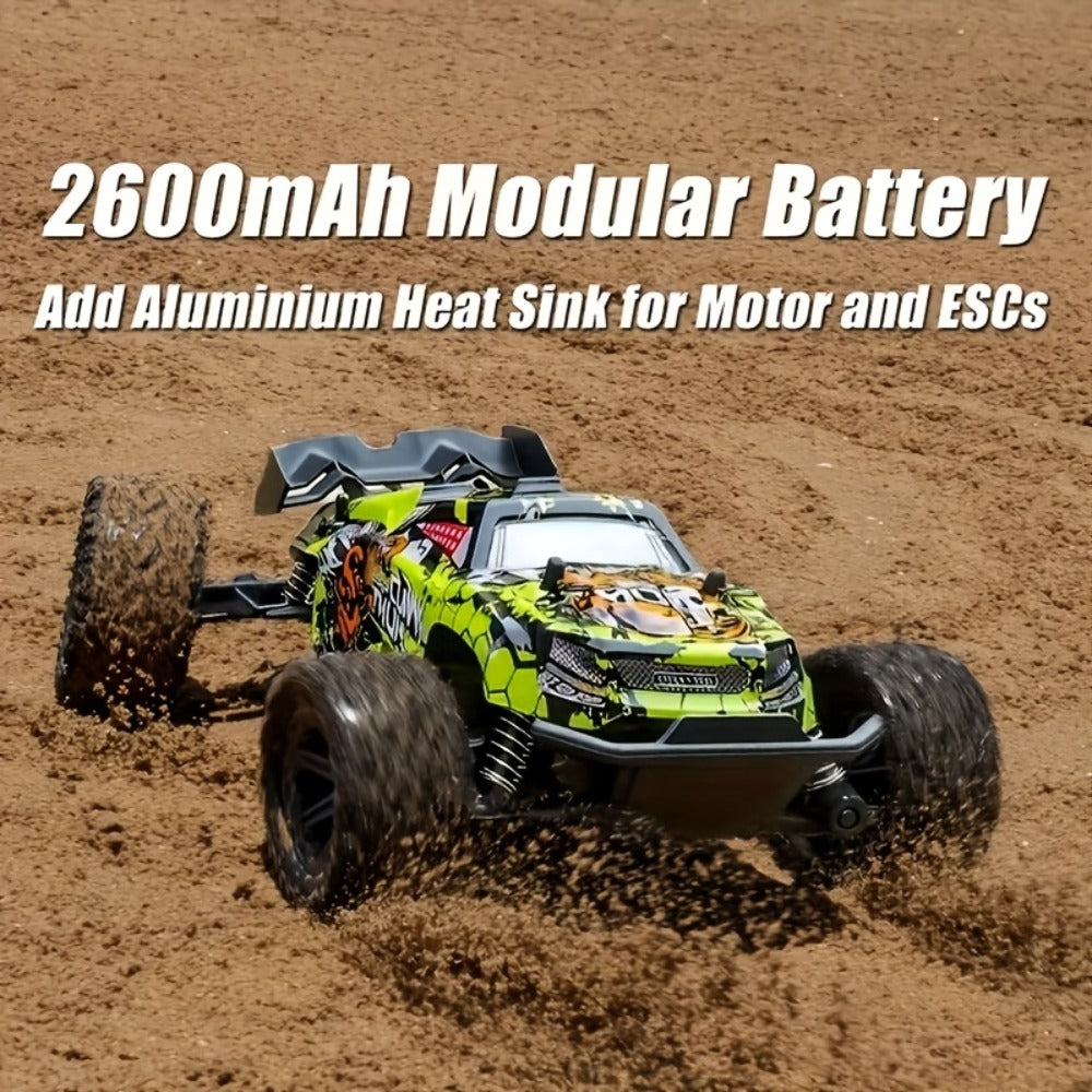 RC Monster Truck 4WD Green Off-Road Style Vehicle with LED Details, 2.4G Remote Controller and Treaded Tires