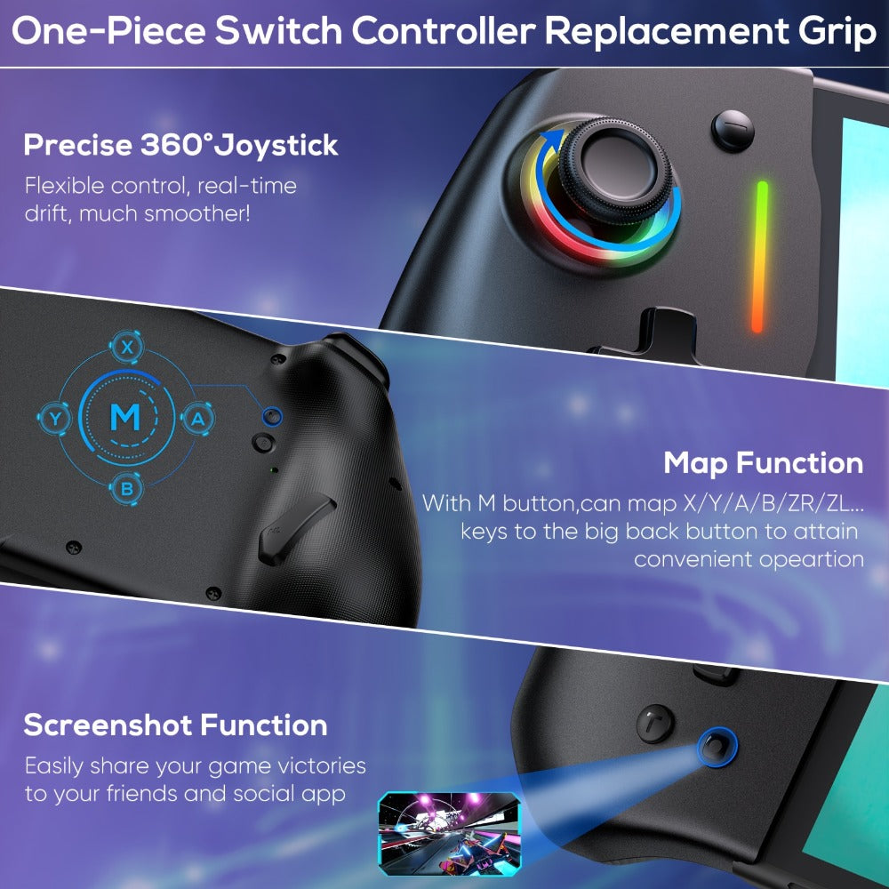 Telescopic RGB Gaming Controller Grip, Model NT197B with Dual Vibration and Switch or Switch OLED Fit