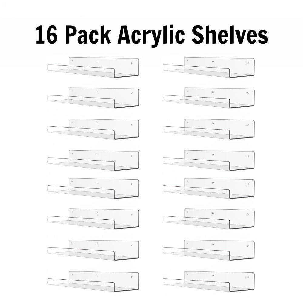 Clear Acrylic Wall Display Shelf Set in 15 x 4-Inch Size with 4, 8 or 16 Shelves and Mounting Hardware