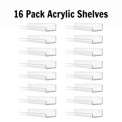 Clear Acrylic Wall Display Shelf Set in 15 x 4-Inch Size with 4, 8 or 16 Shelves and Mounting Hardware