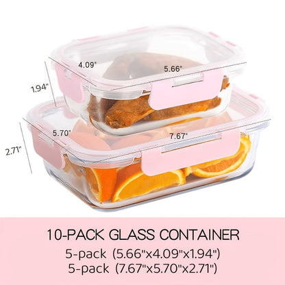 Food Storage Containers Ten-Piece Borosilicate Glass Set with Snap-Lock Lids in Pink, Black or Green
